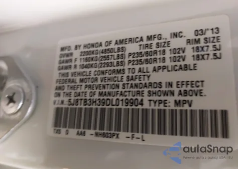 2013 Acura Rdx z USA, uszkodzony, nr VIN 5J8TB3H39DL019904
